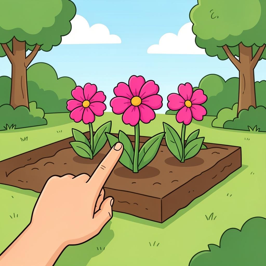 A hand in the foreground pointing toward a group of three pink flowers in a garden further away.