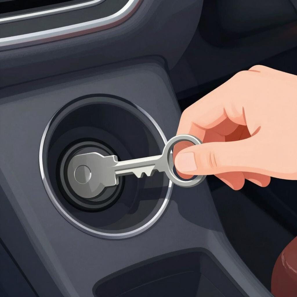 車のエンジンを始動させるために、車のイグニッションに銀色のキーを回している手。