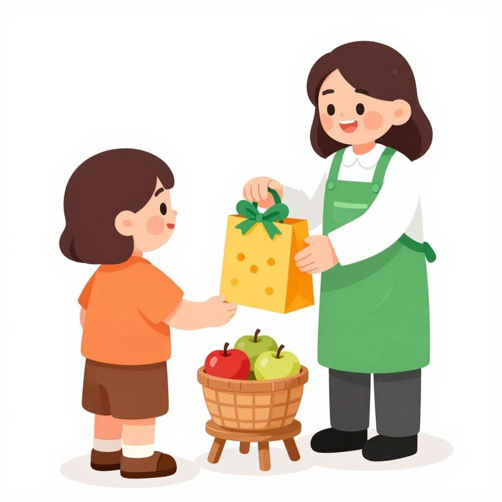 A friendly person handing a colorful gift bag to a happy customer near a storefront.