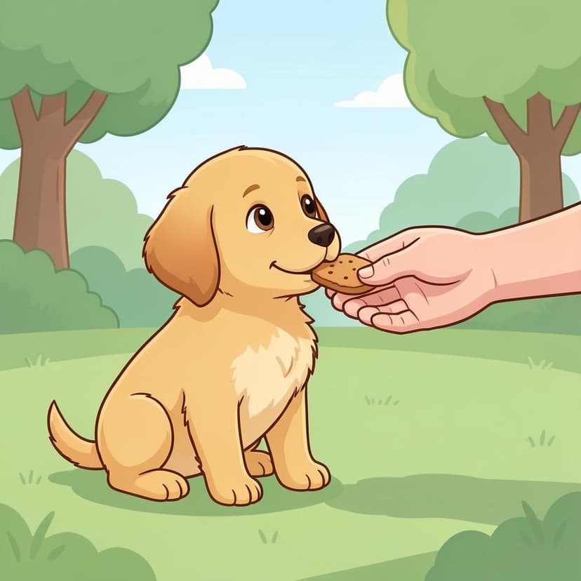 A well-behaved puppy sitting calmly and looking up at its owner's hand as it receives a treat.