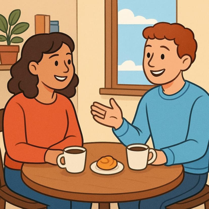 A colorful storybook illustration showing two friends sitting opposite each other at a small table, engaged in a casual, informal conversation.