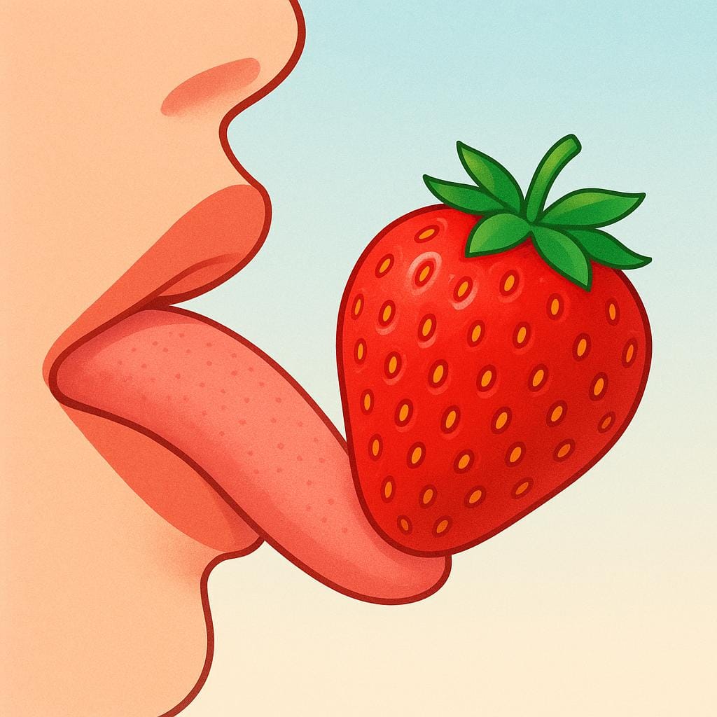A close-up view of a simplified tongue tasting a single, bright red strawberry, emphasizing the sensory experience of flavor.