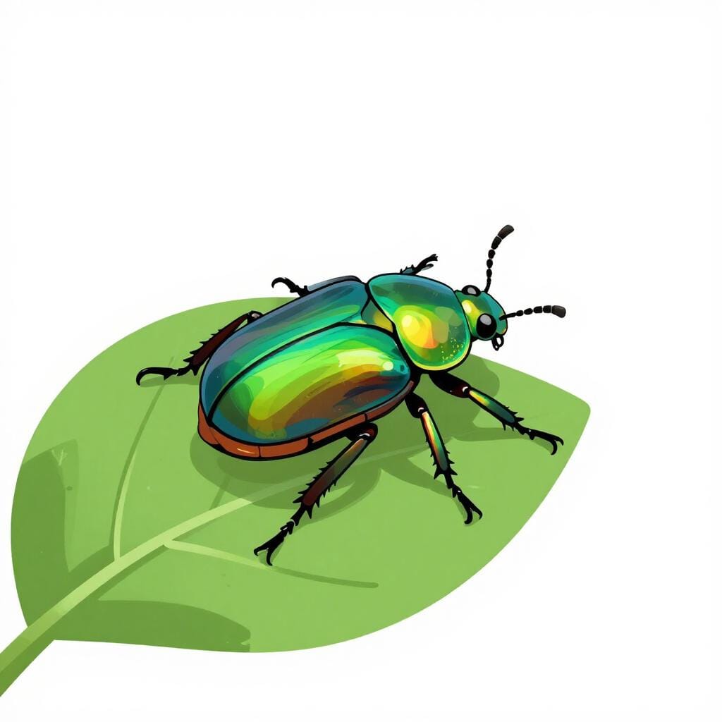 Een glimmende, iriserende groene kever die op een felgroen blad kruipt.