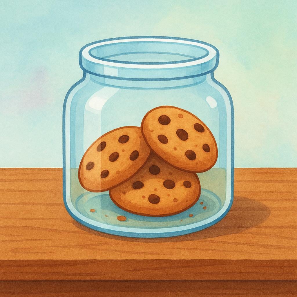 A transparent jar on a table containing only a few cookies, symbolizing a remaining quantity.