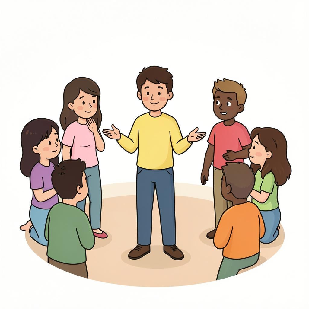 A person gesturing with their hands while speaking to a group of friends to clarify a point.