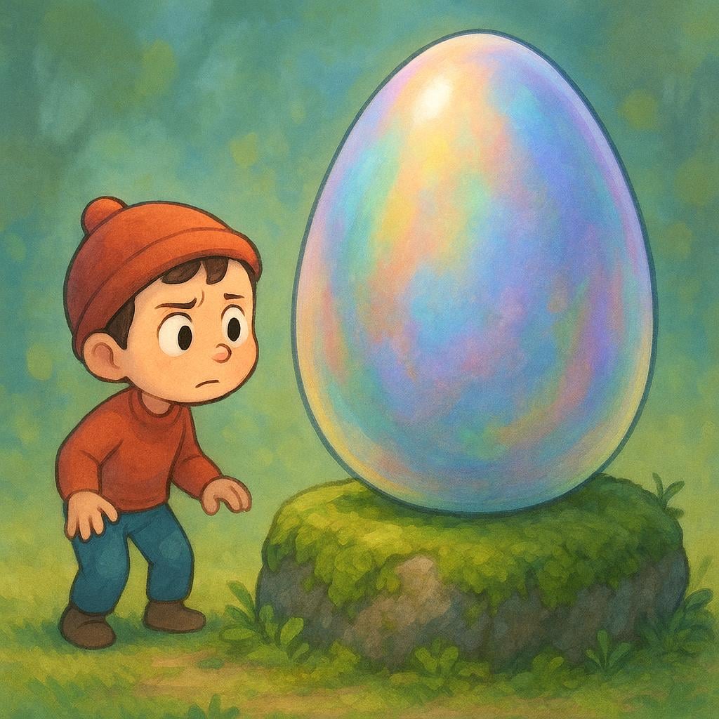 A small adventurer is cautiously approaching a gigantic, colorful, and slightly shimmering egg resting on a mossy stone pedestal. The adventurer looks skeptical, expressing doubt about the object's authenticity.