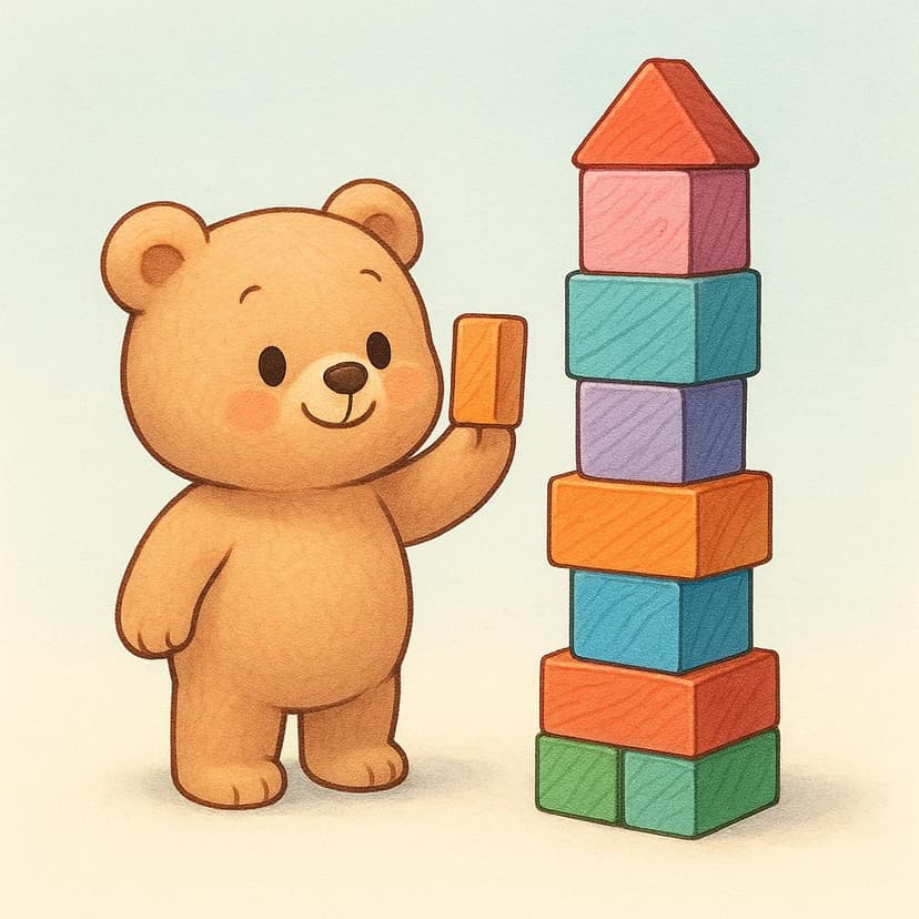 A small, smiling bear character stands proudly next to a tall, completed tower made of colorful wooden blocks, indicating the successful completion of a task.