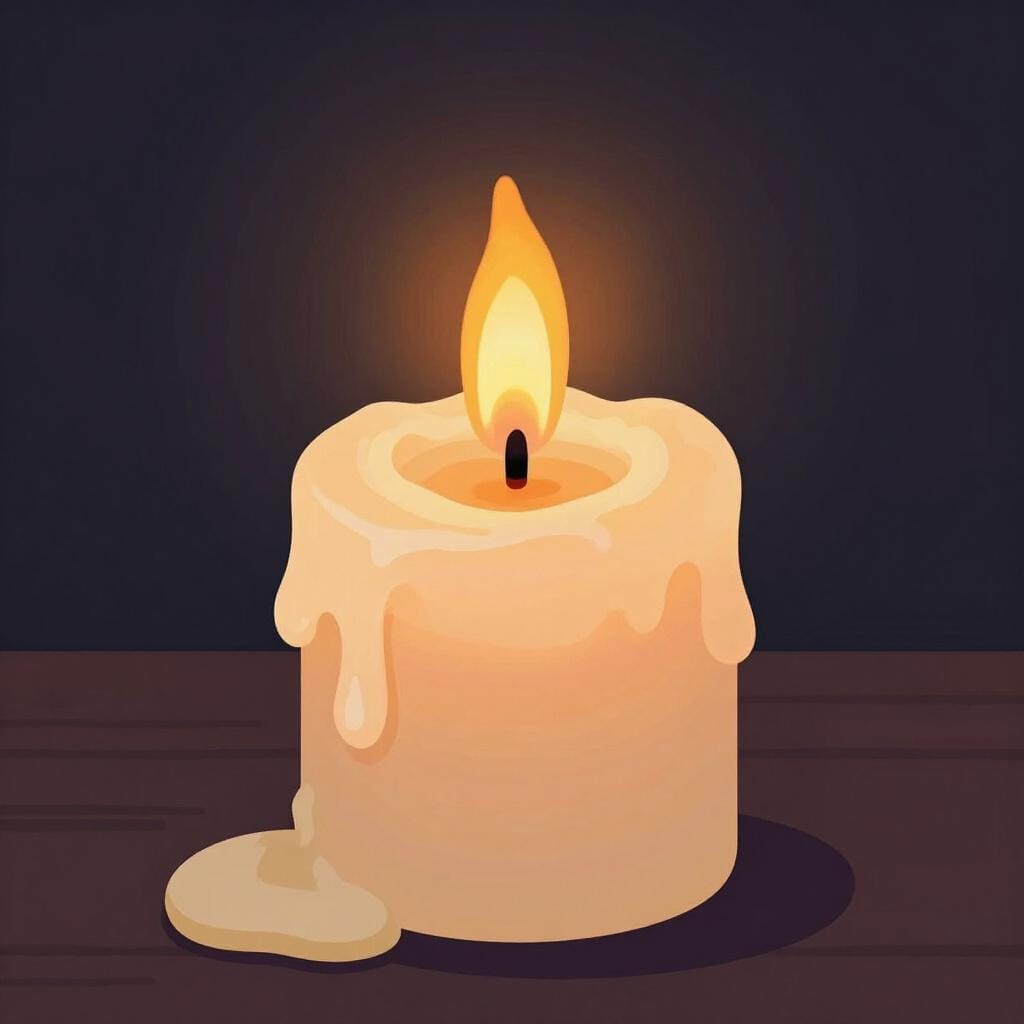 Una singola candela che si scioglie su un tavolo di legno.