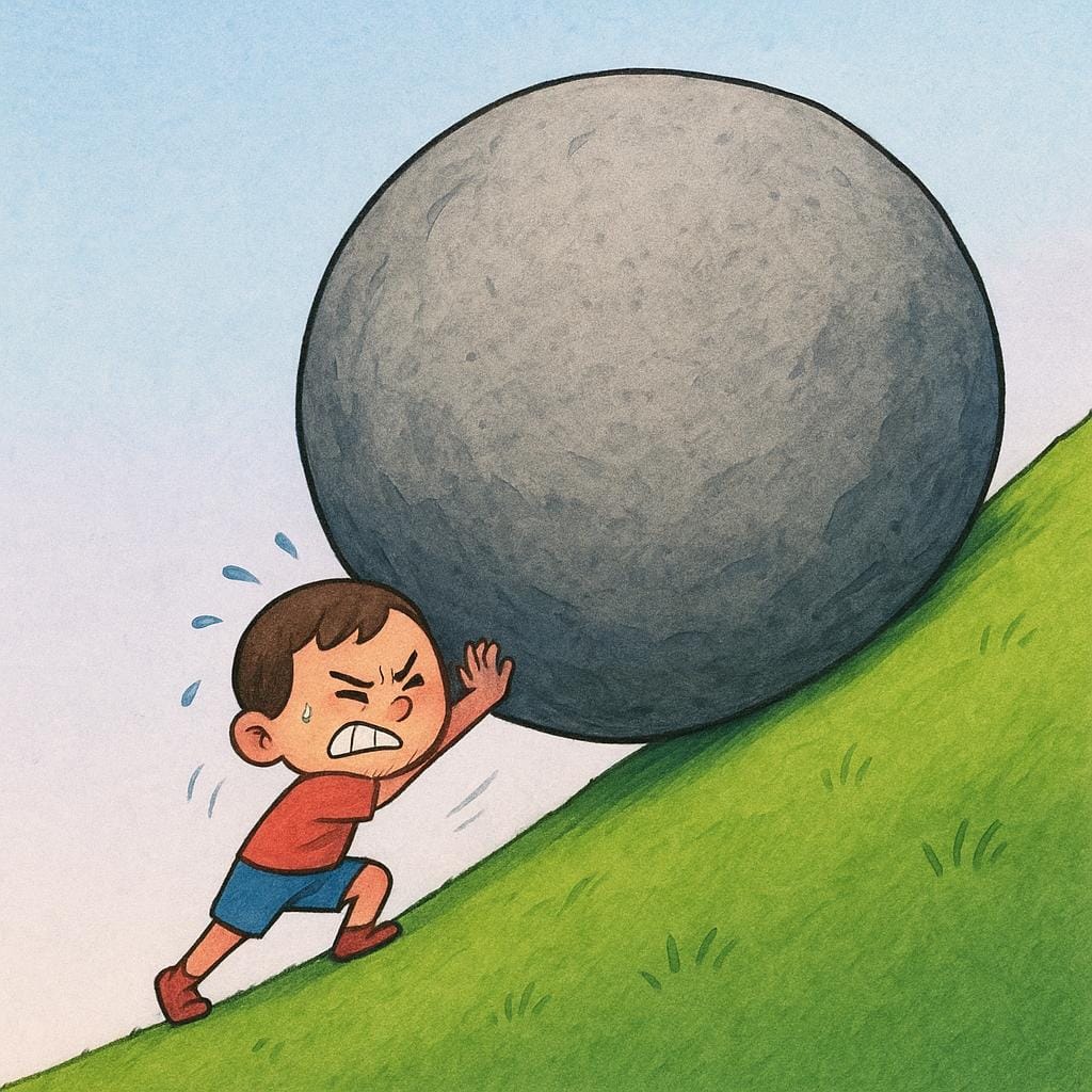 Um personagem de desenho animado determinado se esforça e sua enquanto empurra uma enorme pedra redonda e cinza para cima de uma encosta íngreme e gramada.