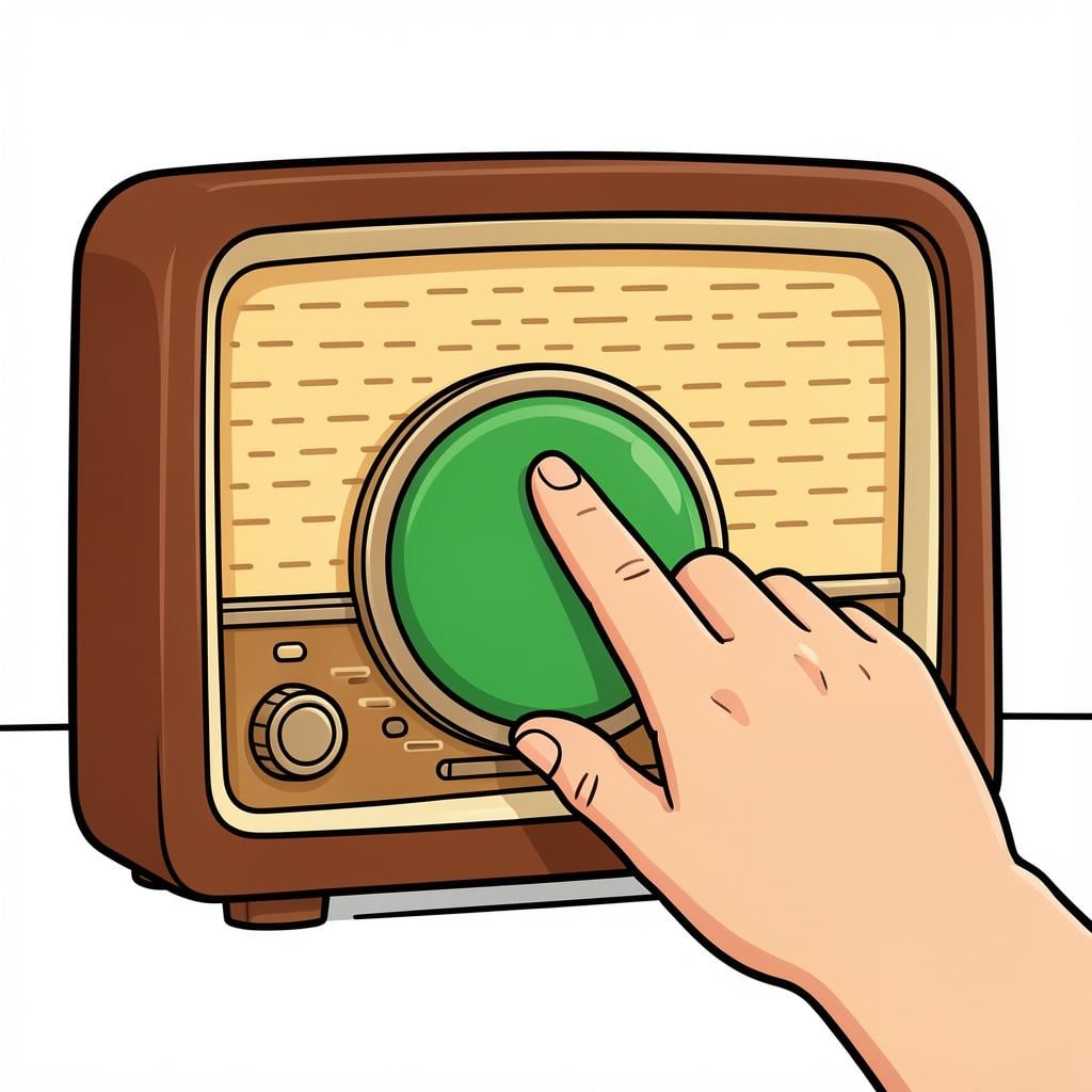 A hand pressing a large glowing button on a simple radio.