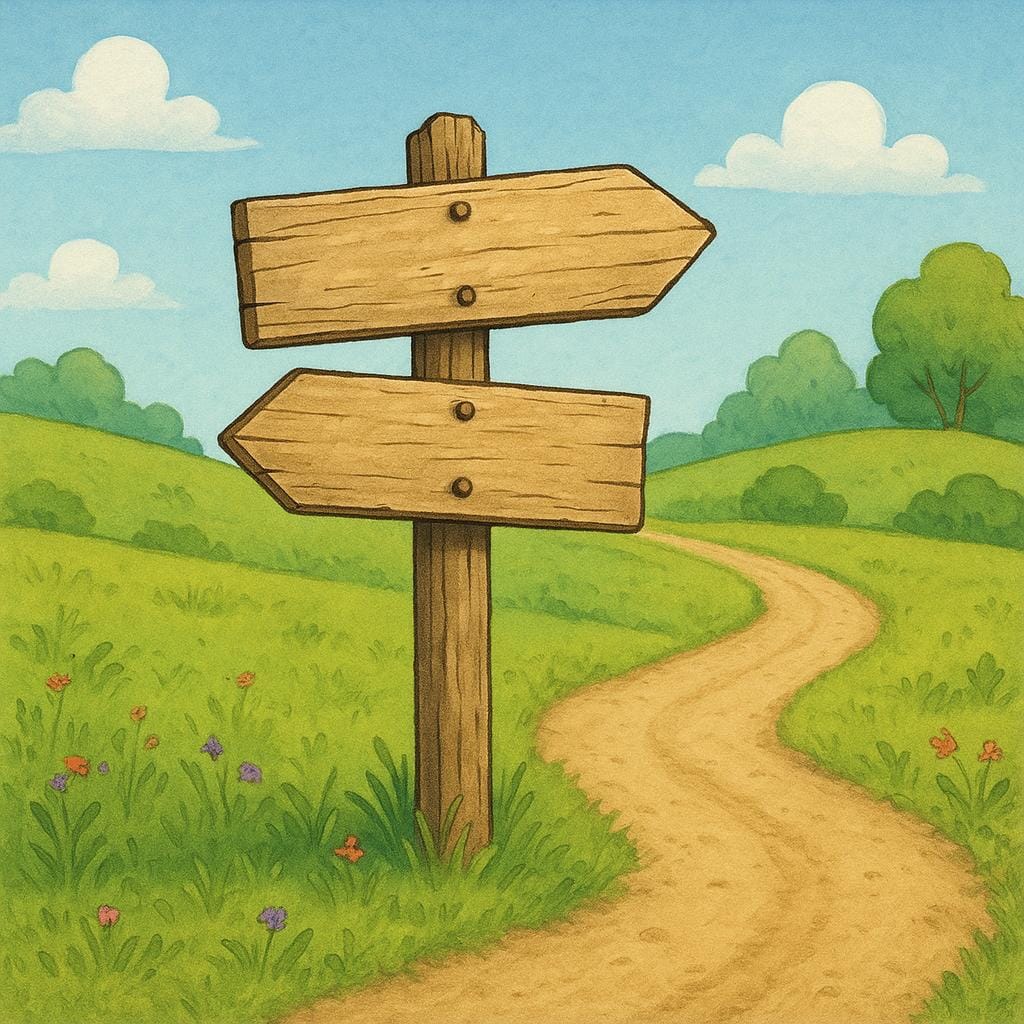 A weathered wooden signpost standing at a fork in a simple dirt road, symbolizing a past choice or hypothetical path not taken.