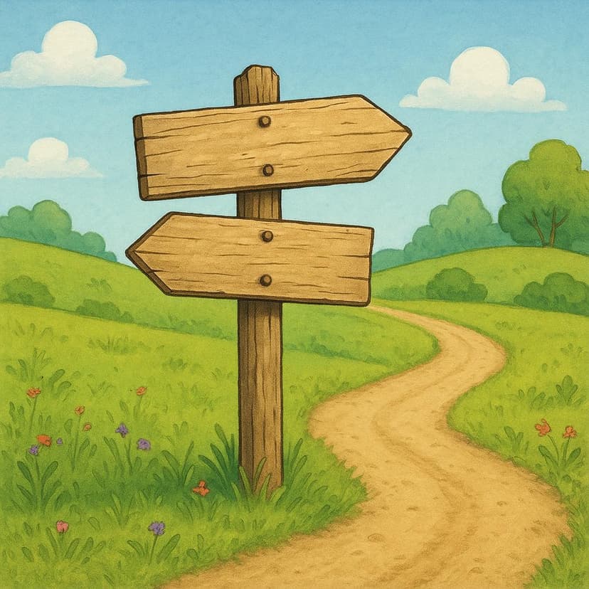A weathered wooden signpost standing at a fork in a simple dirt road, symbolizing a past choice or hypothetical path not taken.