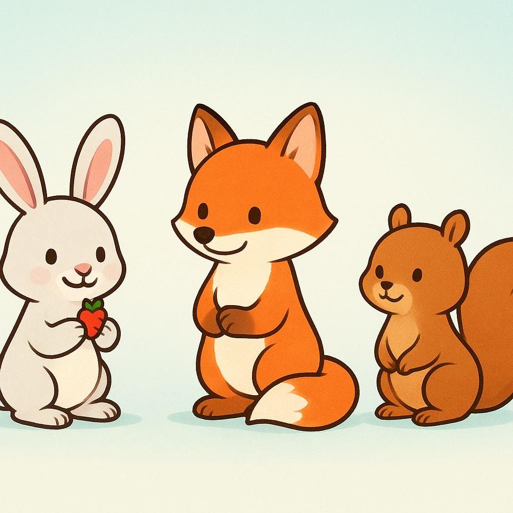 A short line of three different cartoon animals: a rabbit, a fox, and a squirrel. The rabbit is at the front, holding a small treat, and the other two are waiting patiently behind it, illustrating sequence.