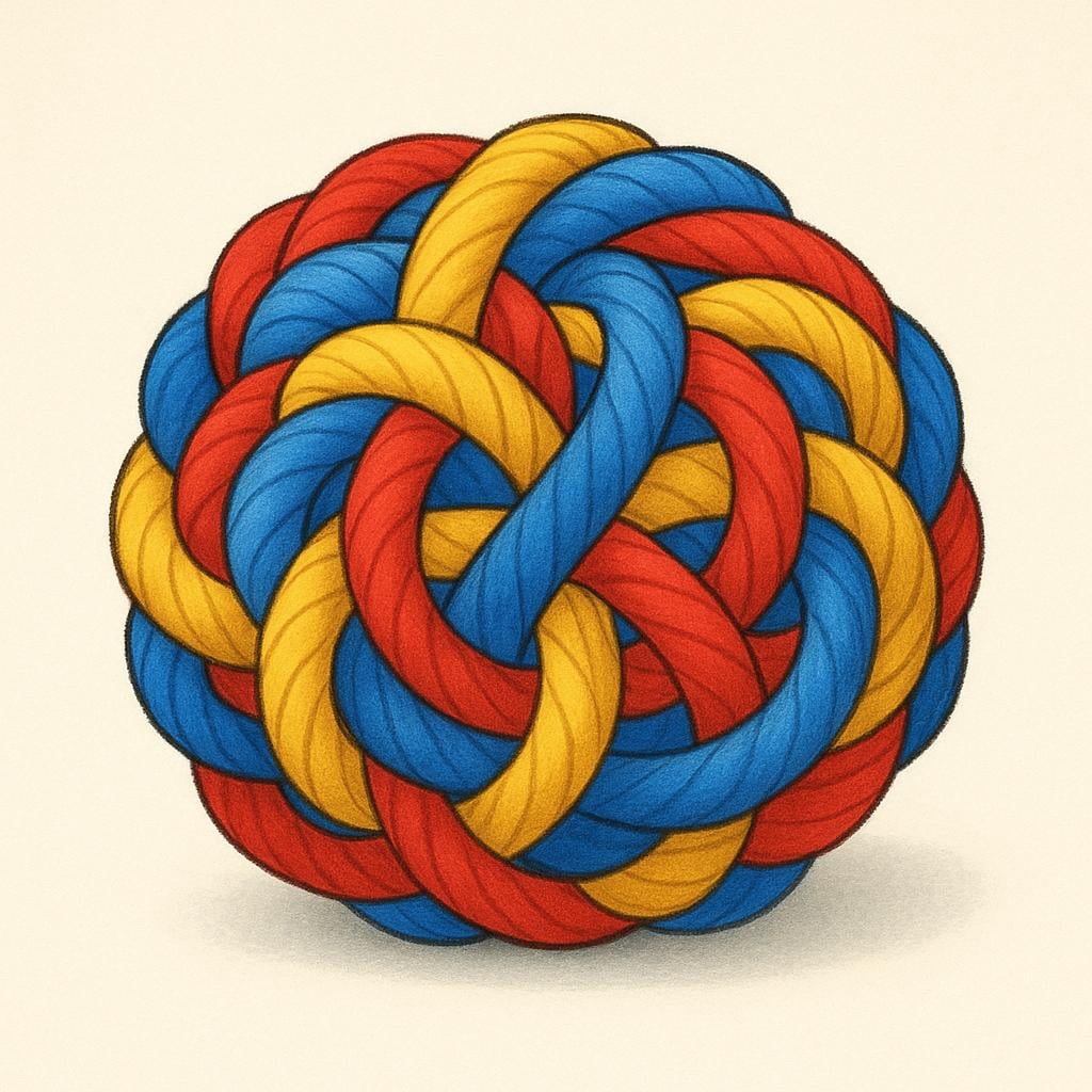 A tightly tangled ball of brightly colored yarn, knotted so densely that it is impossible to find any loose ends.