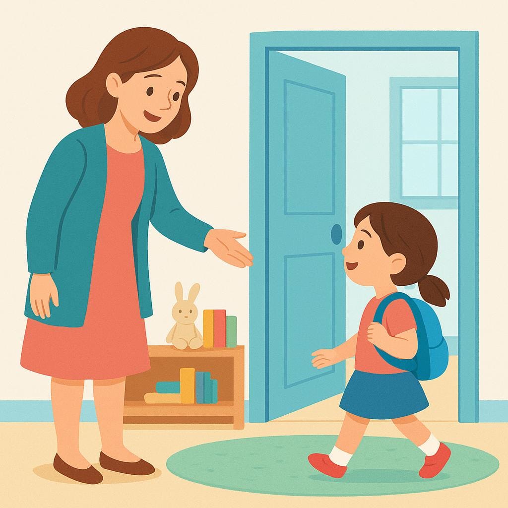 Una donna accanto a una porta aperta, sorridente e che fa un gesto in avanti, permettendo a una bambina di entrare in una stanza.