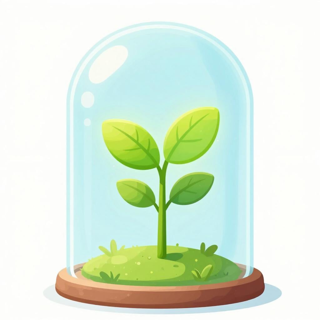 A small green plant growing rapidly inside a glowing, magical glass jar that is magnifying its size.