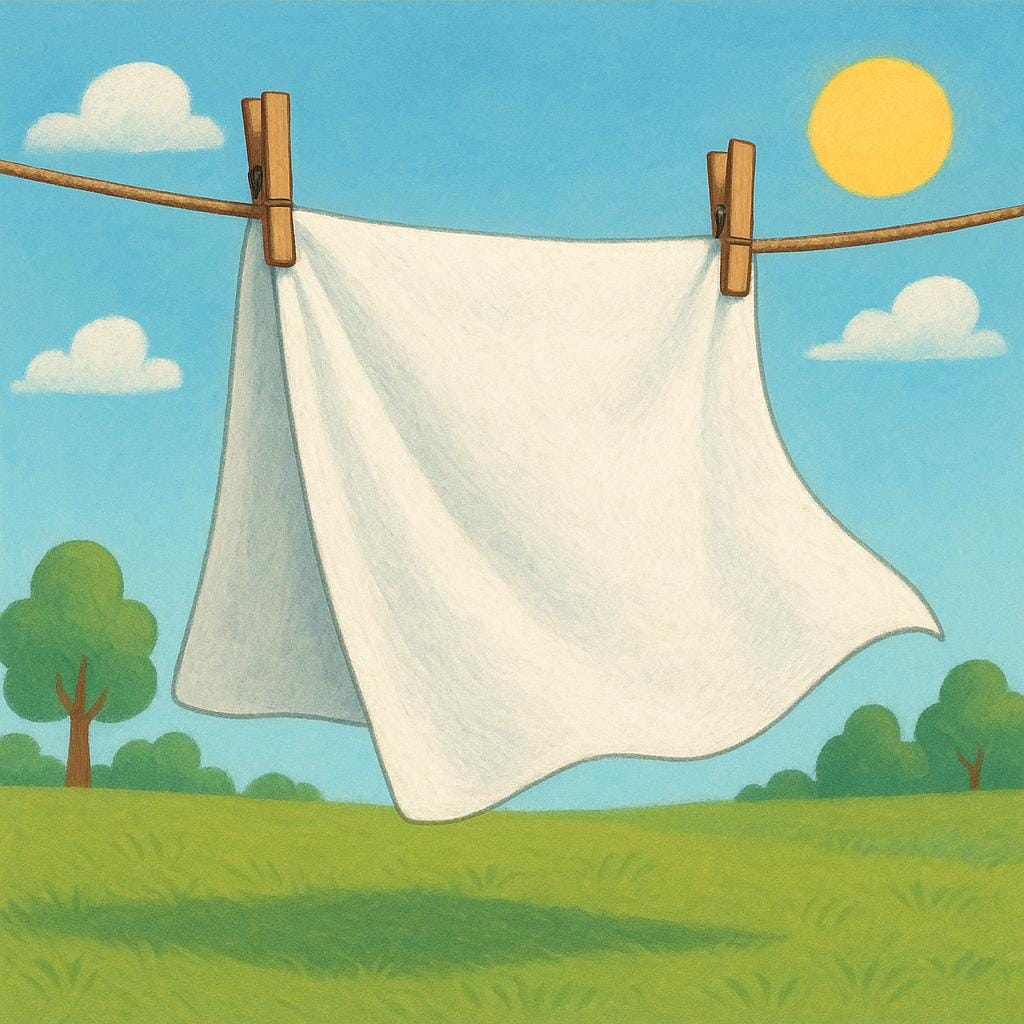 Een felwitte handdoek hangt buiten aan een waslijn, zachtjes wapperend door de wind onder een zonnige hemel, wat de actie van drogen toont.