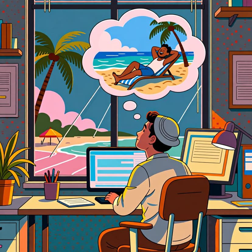 A person at an office desk daydreaming about being on a sunny beach, which illustrates the hypothetical 'if I were...' sense of 'fuera'.