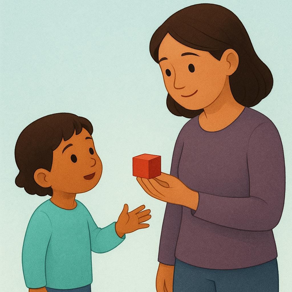 Un petit enfant regarde vers le haut un adulte et tend une main ouverte, demandant un bloc de jouet que l'adulte tient.