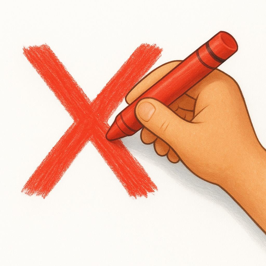 A hand holding a red crayon, clearly drawing a large X mark onto a white piece of paper.