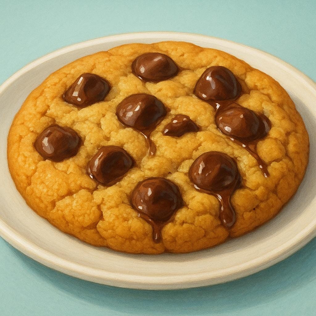 A storybook illustration showing a delectable, warm chocolate chip cookie with visible melted chocolate chips on a white plate.
