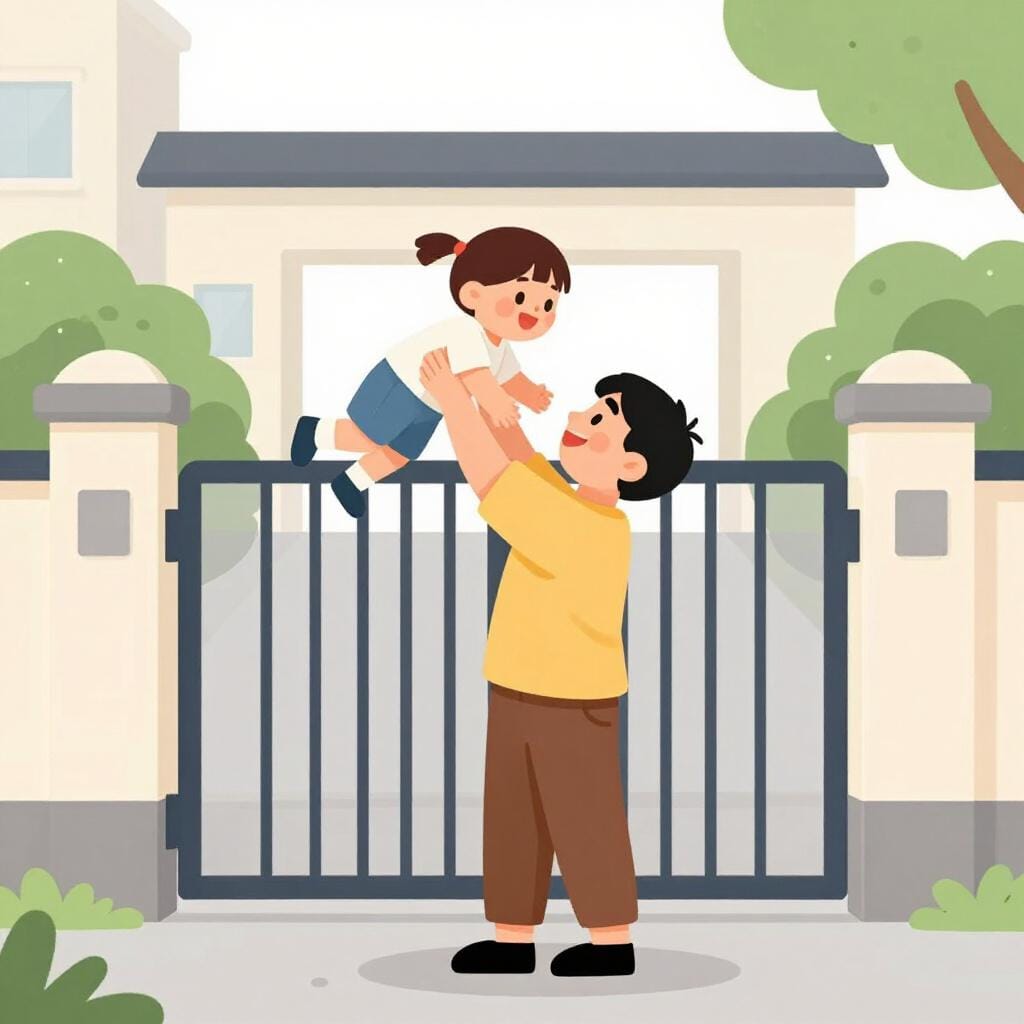 Un bambino viene preso in braccio e abbracciato da un genitore al cancello della scuola.