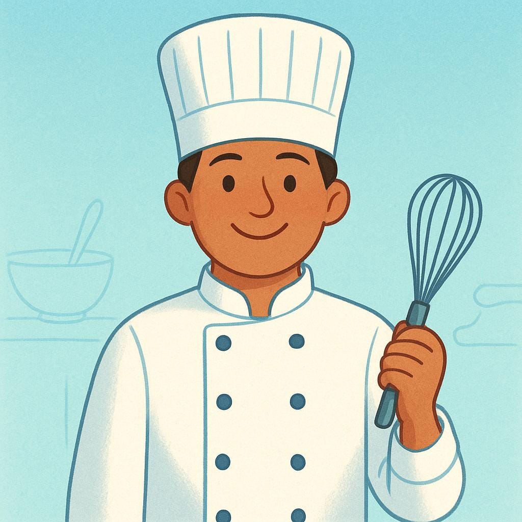 A friendly chef wearing a traditional tall white toque and a white uniform jacket, holding a large metal whisk.