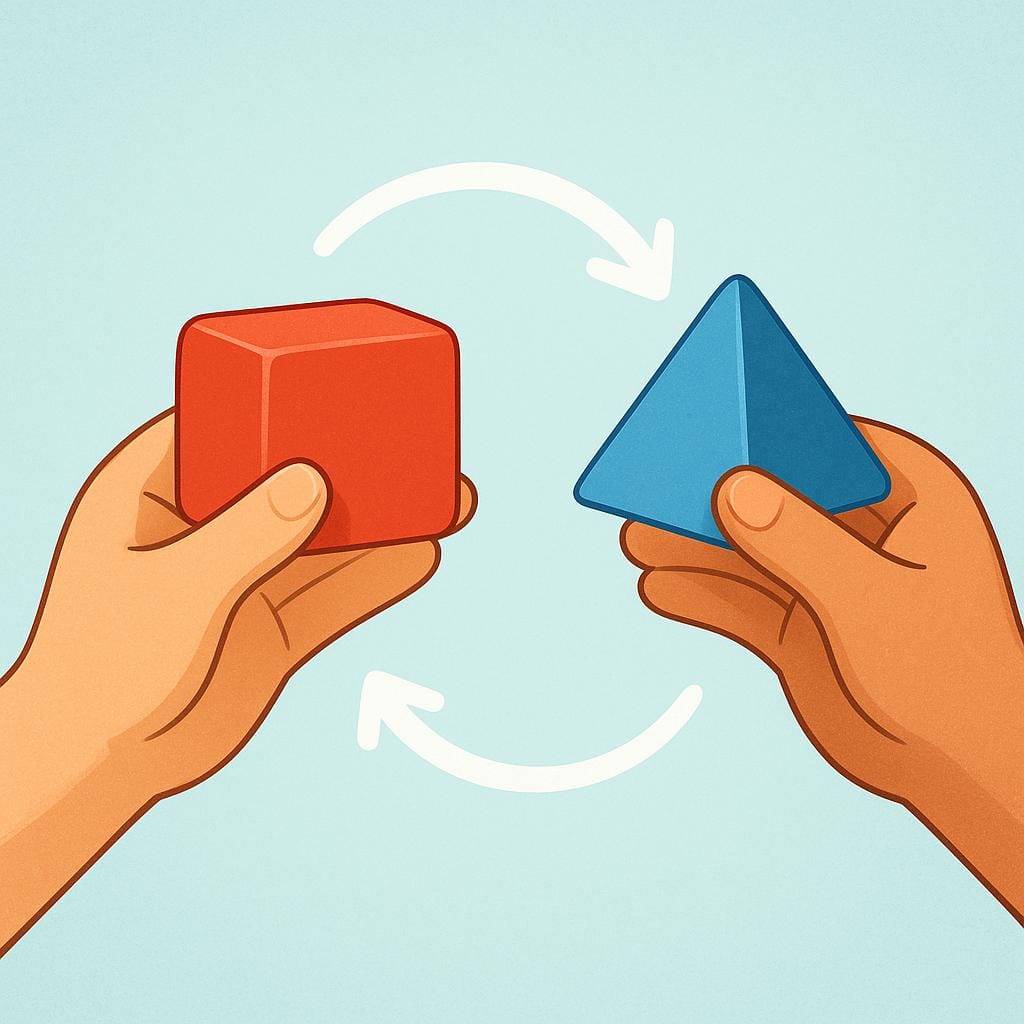 A colorful illustration showing two hands in the process of exchanging objects: a red square block is being traded for a blue triangular block, symbolizing a change or swap.
