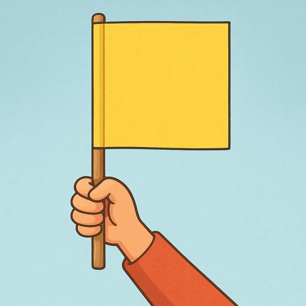 A stylized hand holding a plain yellow vertical banner high above its head, symbolizing a cause or principle.