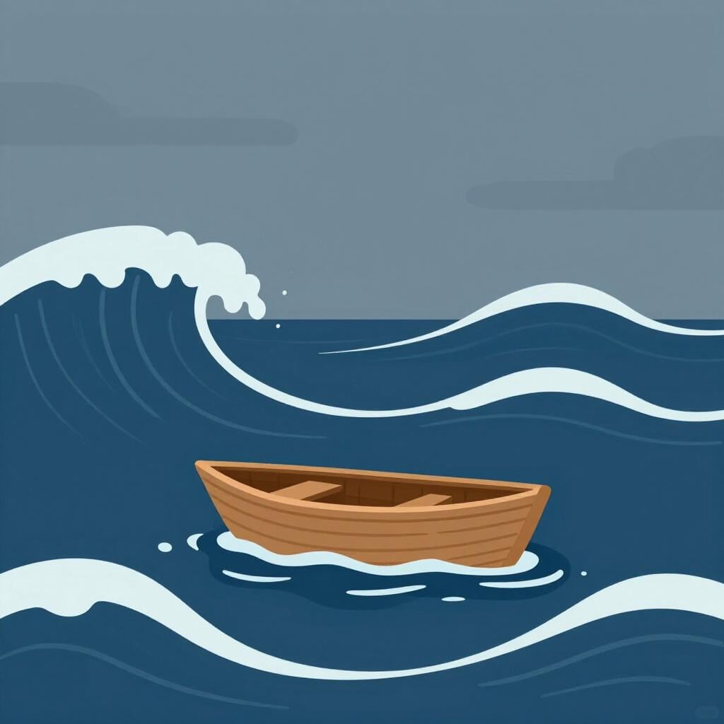 A small wooden boat tossing on huge, choppy dark blue waves under a grey sky.
