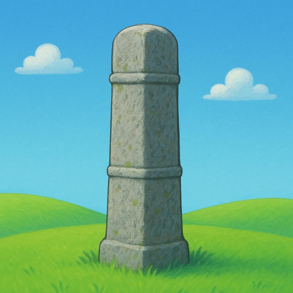 A sturdy, ancient stone pillar standing alone in a grassy field, symbolizing enduring proof.