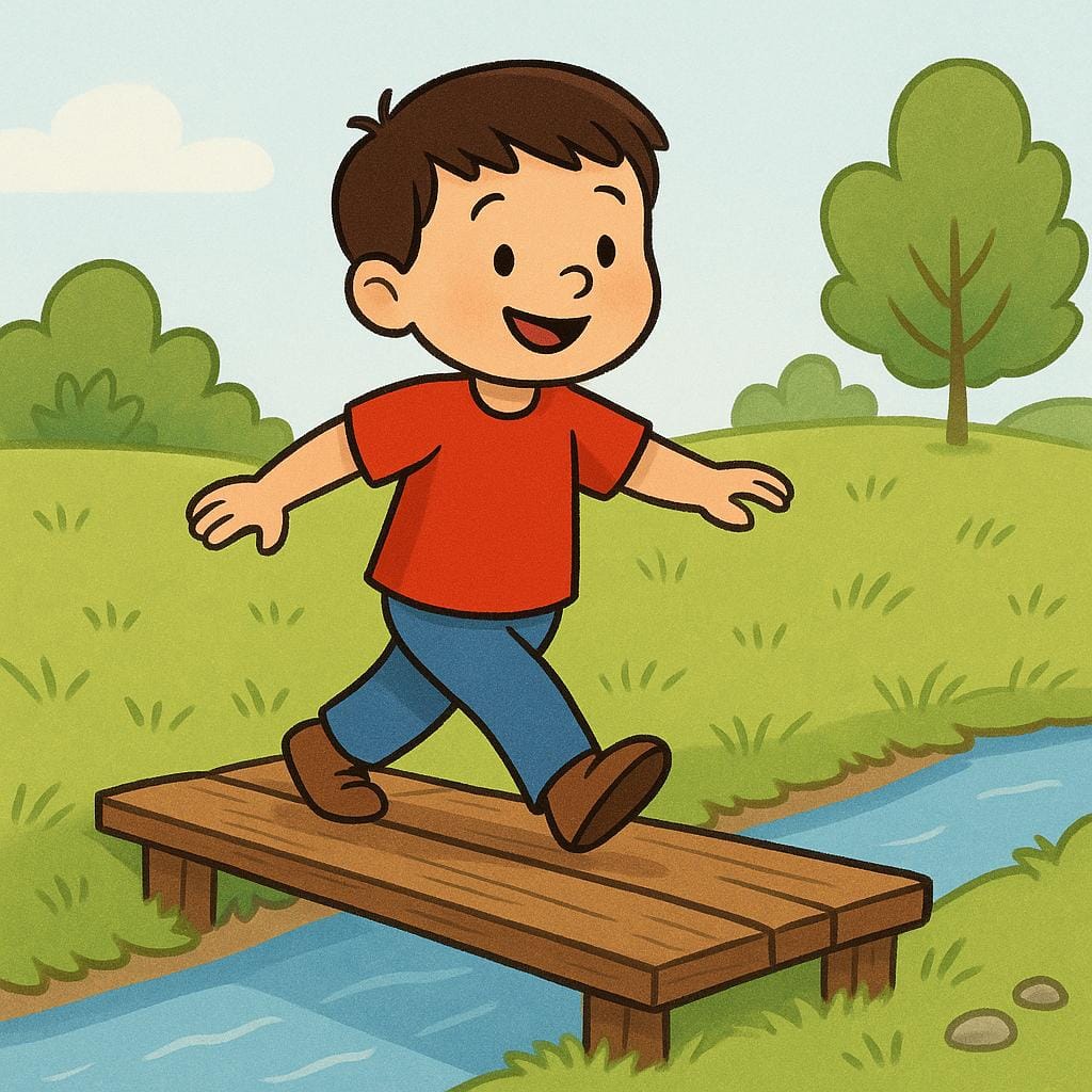 A cheerful child is walking across a short, rustic wooden bridge over a small blue stream, illustrating the act of passing.