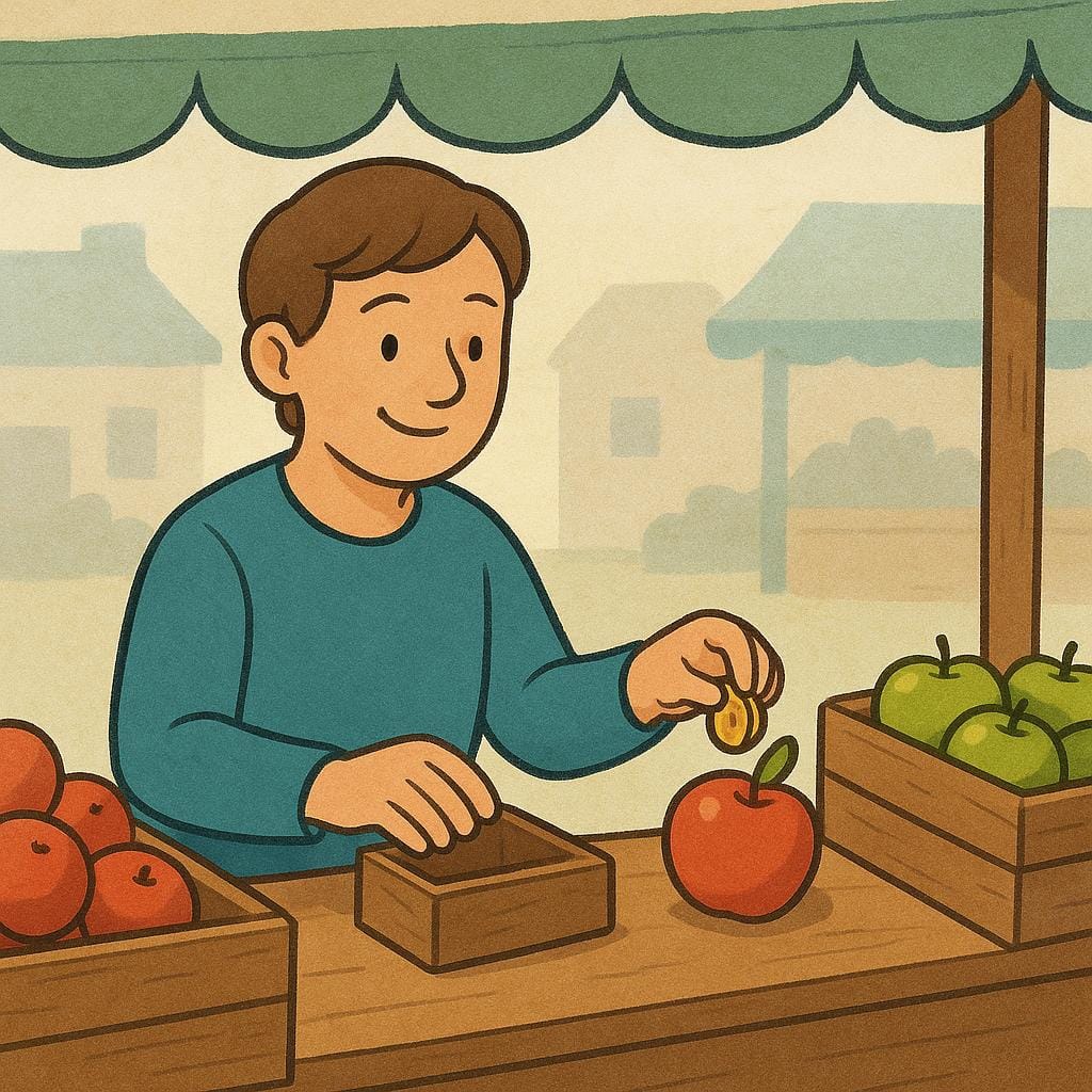 A young person is at a market stall, handing a coin to a vendor in exchange for a piece of fruit, illustrating the act of buying.