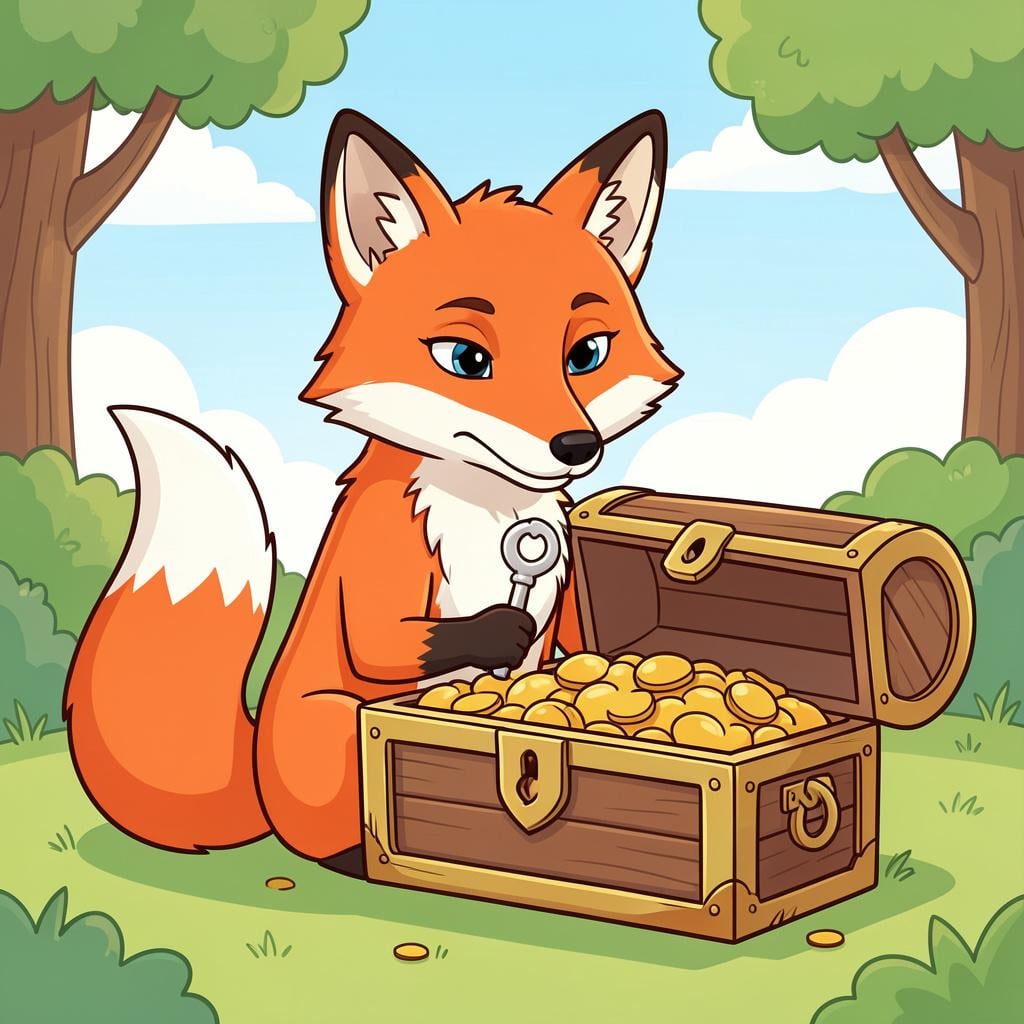 A small fox looking thoughtfully at a complex wooden puzzle box, holding a key it found nearby.