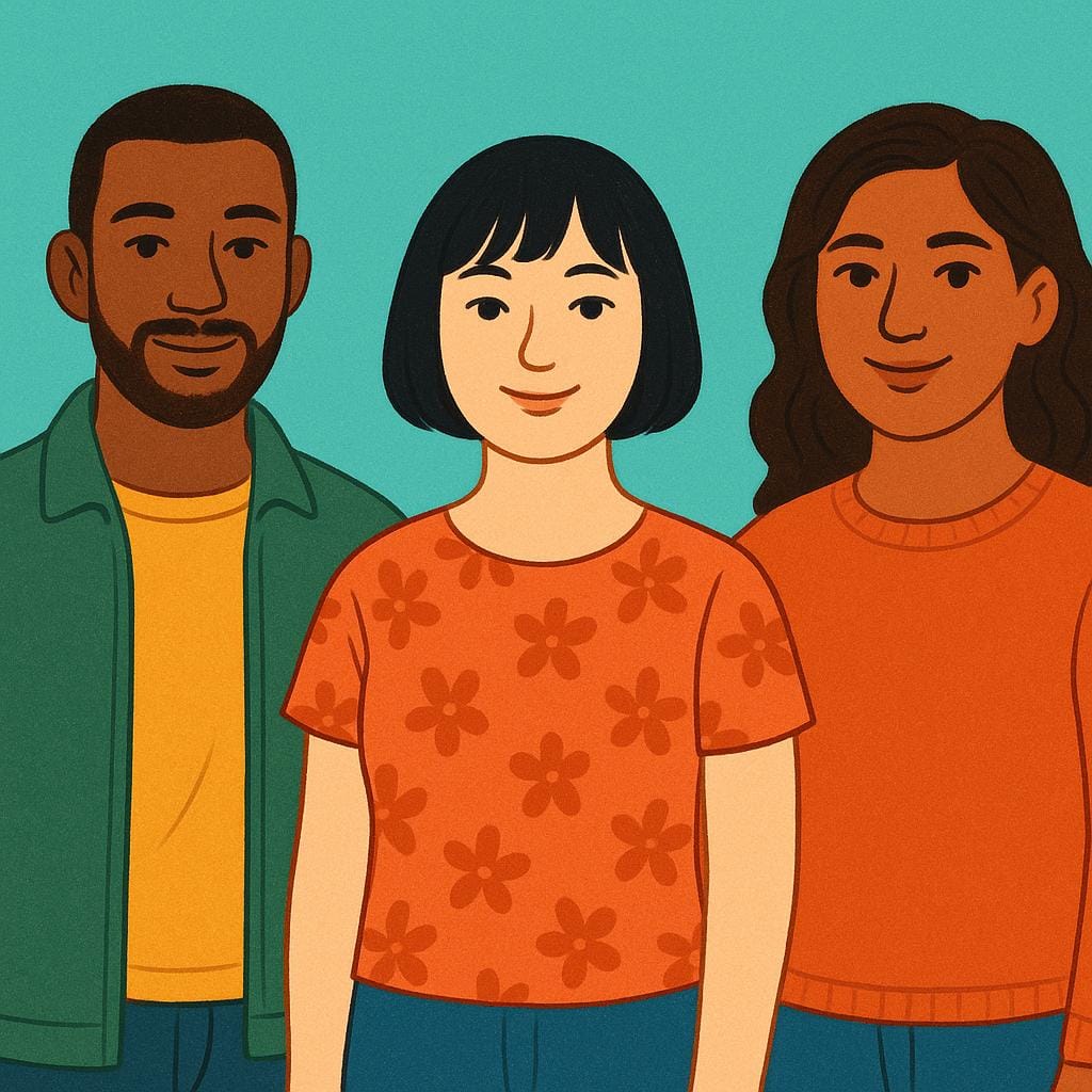 Three diverse adult figures, including a man and two women, standing shoulder-to-shoulder and smiling warmly, symbolizing a cohesive group of citizens.