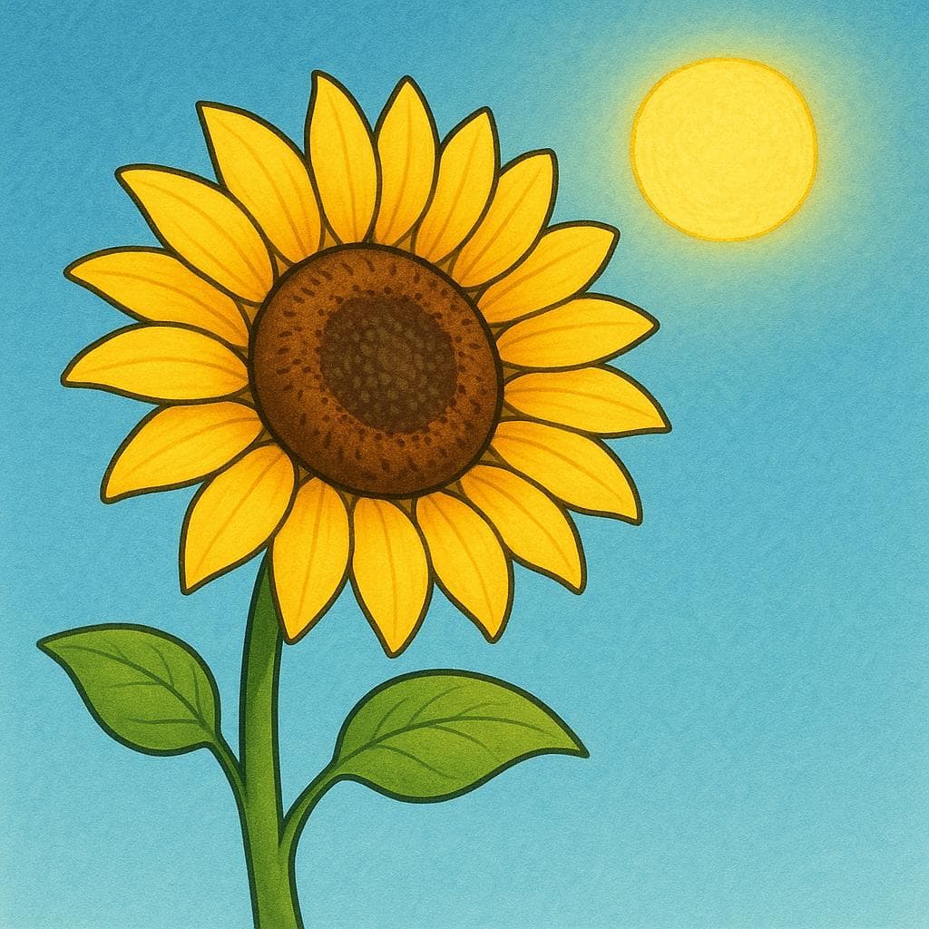 Um close-up de uma única cabeça de girassol, maciça e vibrante, em plena floração, inclinada em direção a um sol amarelo forte e brilhante no alto de um céu azul claro, simbolizando o auge do verão.