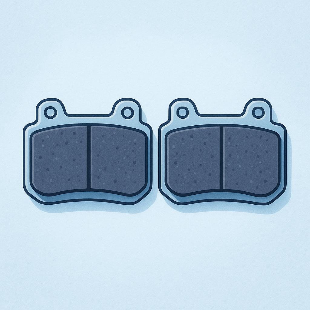 A side-by-side pair of rectangular automotive brake pads with dark friction material and metal backing plates.