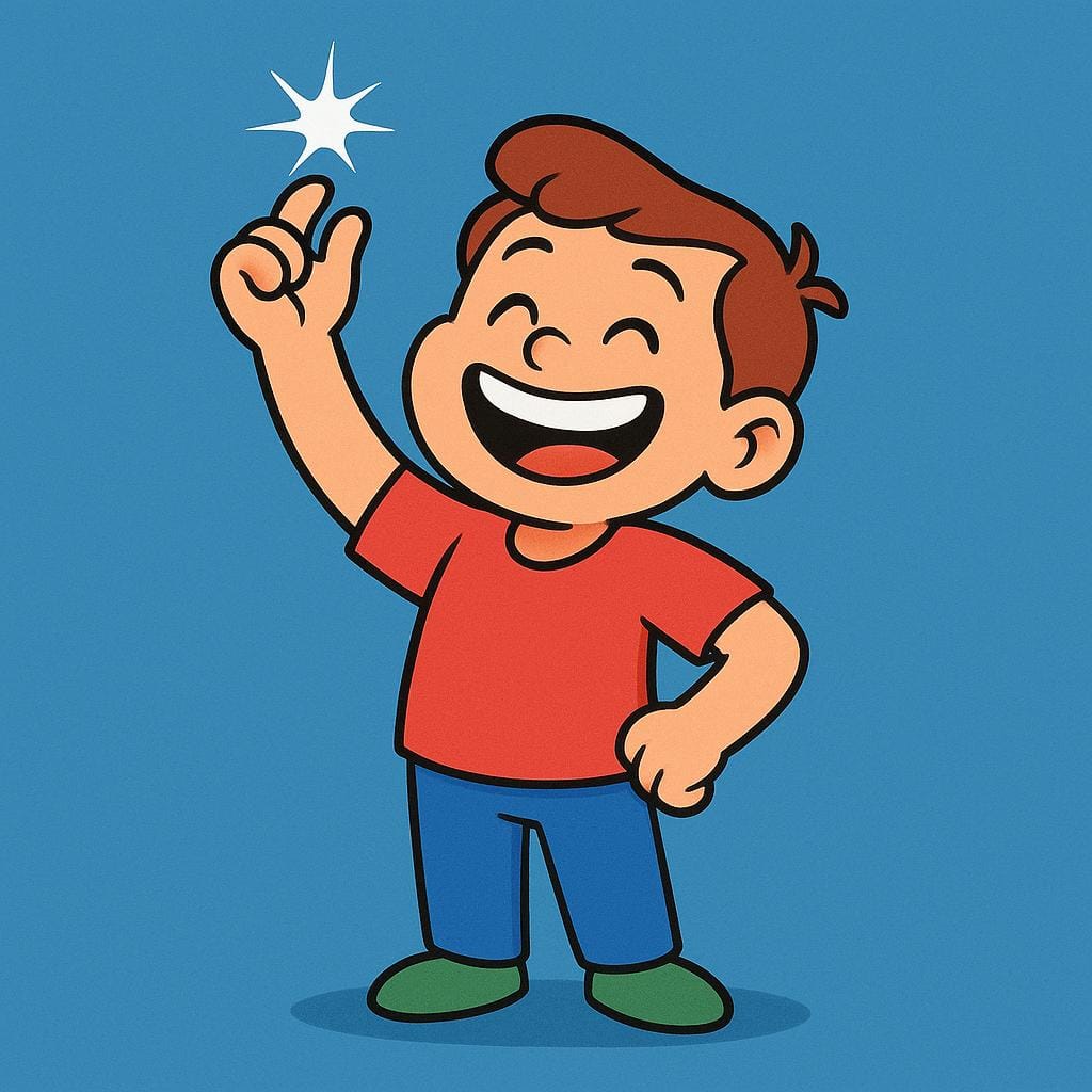 Een persoon met een brede, verheugde glimlach en wijd opengesperde ogen, die met zijn vingers in de lucht knipt, wat een plotselinge realisatie of succes uitdrukt.