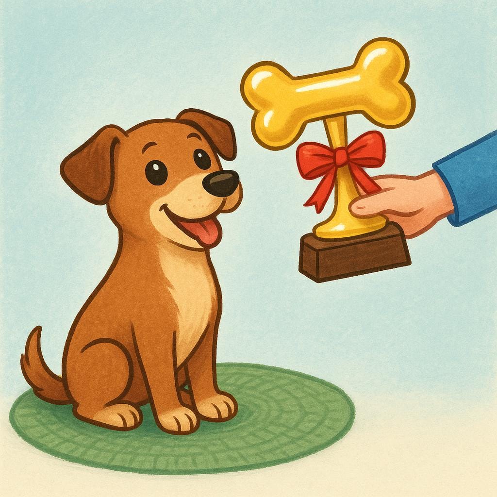 A small, happy dog sitting politely next to a large, shiny golden bone trophy, symbolizing being worthy of a reward.