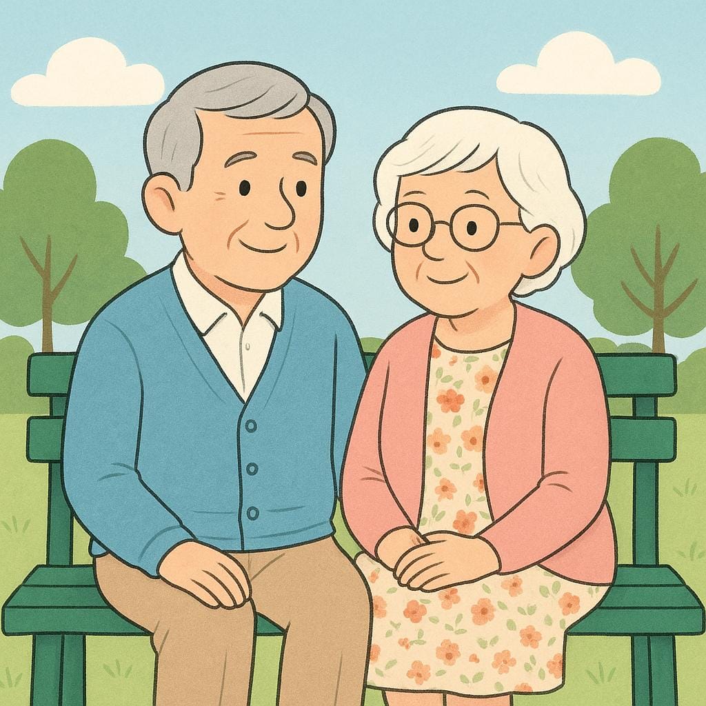 Two cheerful elderly people, a man and a woman, sitting together on a green park bench and smiling.