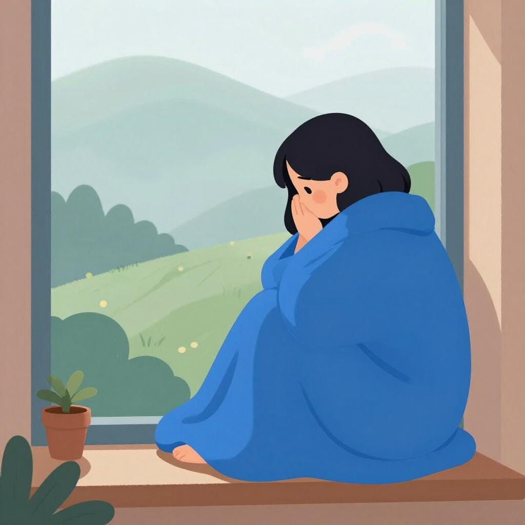 A person wrapped in a blue blanket sitting by a window, gazing out at a gray landscape.