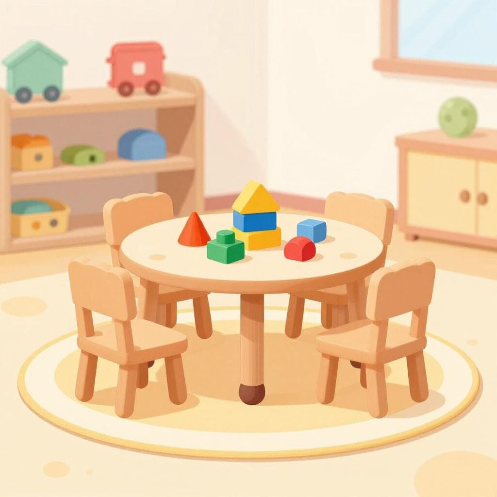 Uma sala de jogos clara e colorida com cadeiras pequenas, blocos de montar e brinquedos em um tapete.