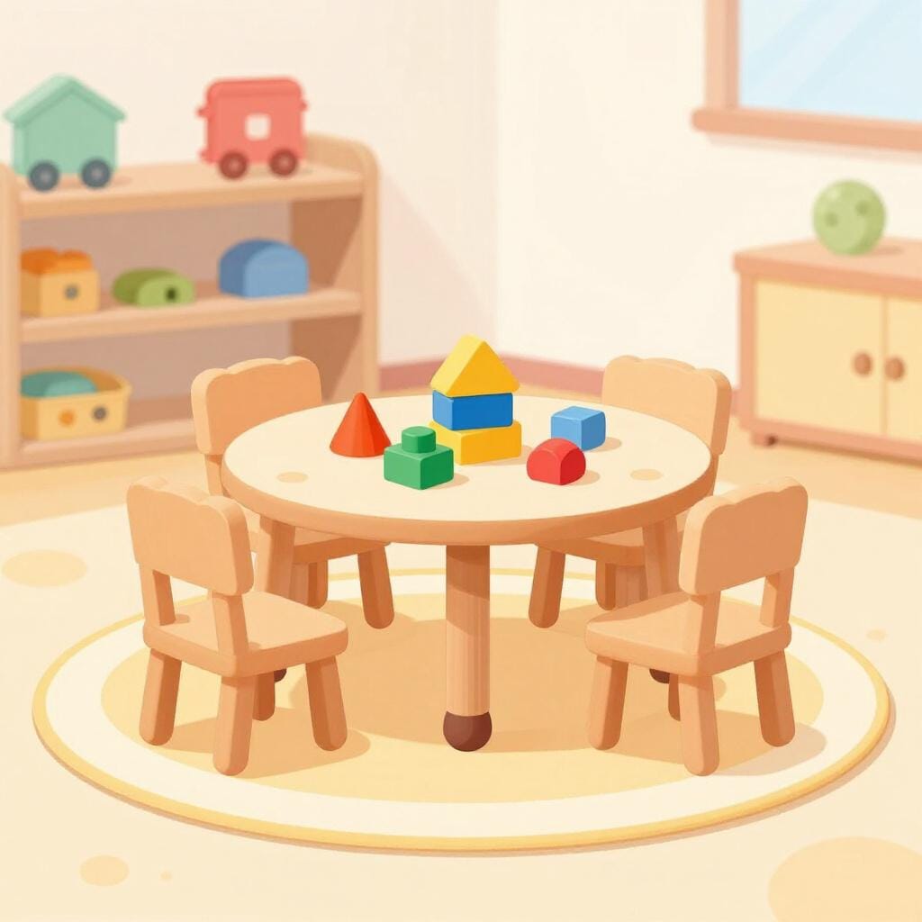 A bright and colorful playroom with small chairs, building blocks, and toys on a rug.