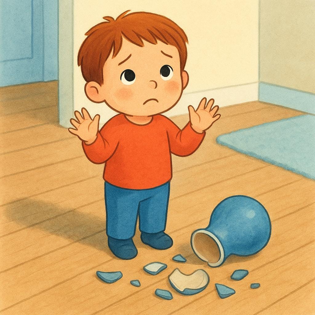 A small child stands next to a broken ceramic vase on the floor, raising their hands in a gesture of admission or apology towards an unseen person.
