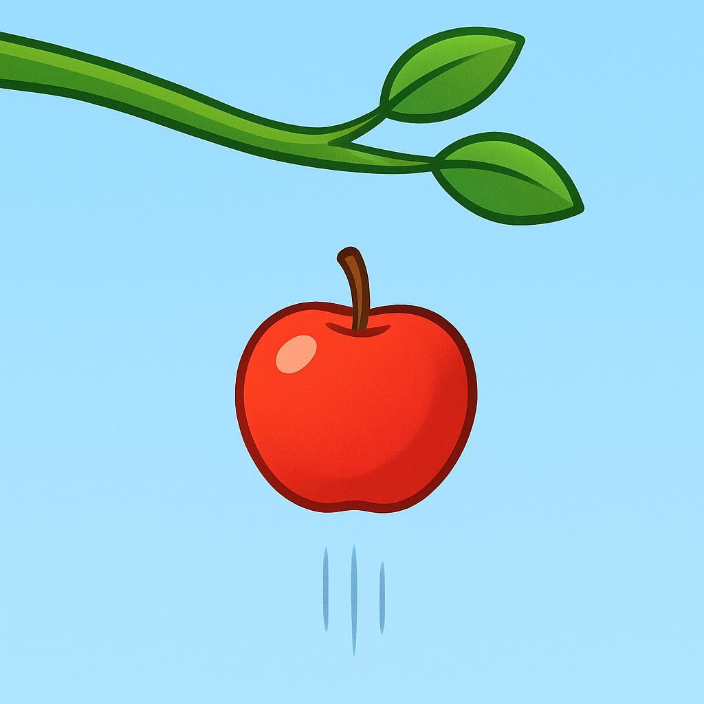 A red apple falling from a green tree branch towards the ground, illustrating the concept of gravity.