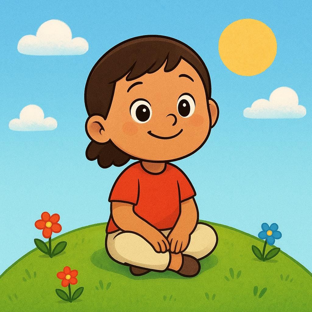 A cartoon child with a wide, joyful smile and sparkling eyes, sitting peacefully on a green hill under a sunny blue sky, illustrating a feeling of happiness.