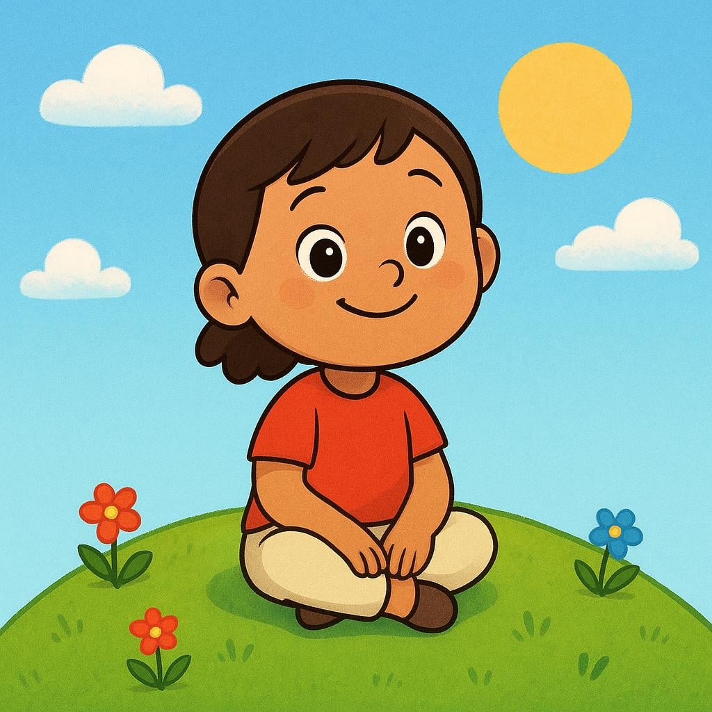 A cartoon child with a wide, joyful smile and sparkling eyes, sitting peacefully on a green hill under a sunny blue sky, illustrating a feeling of happiness.