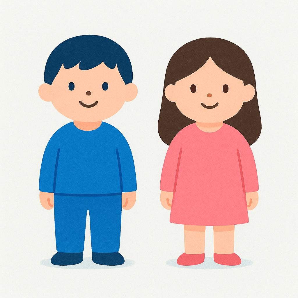 A simplistic storybook illustration showing two figures side-by-side, one styled with short hair and blue clothing, and the other styled with long hair and pink clothing, representing gender differences.