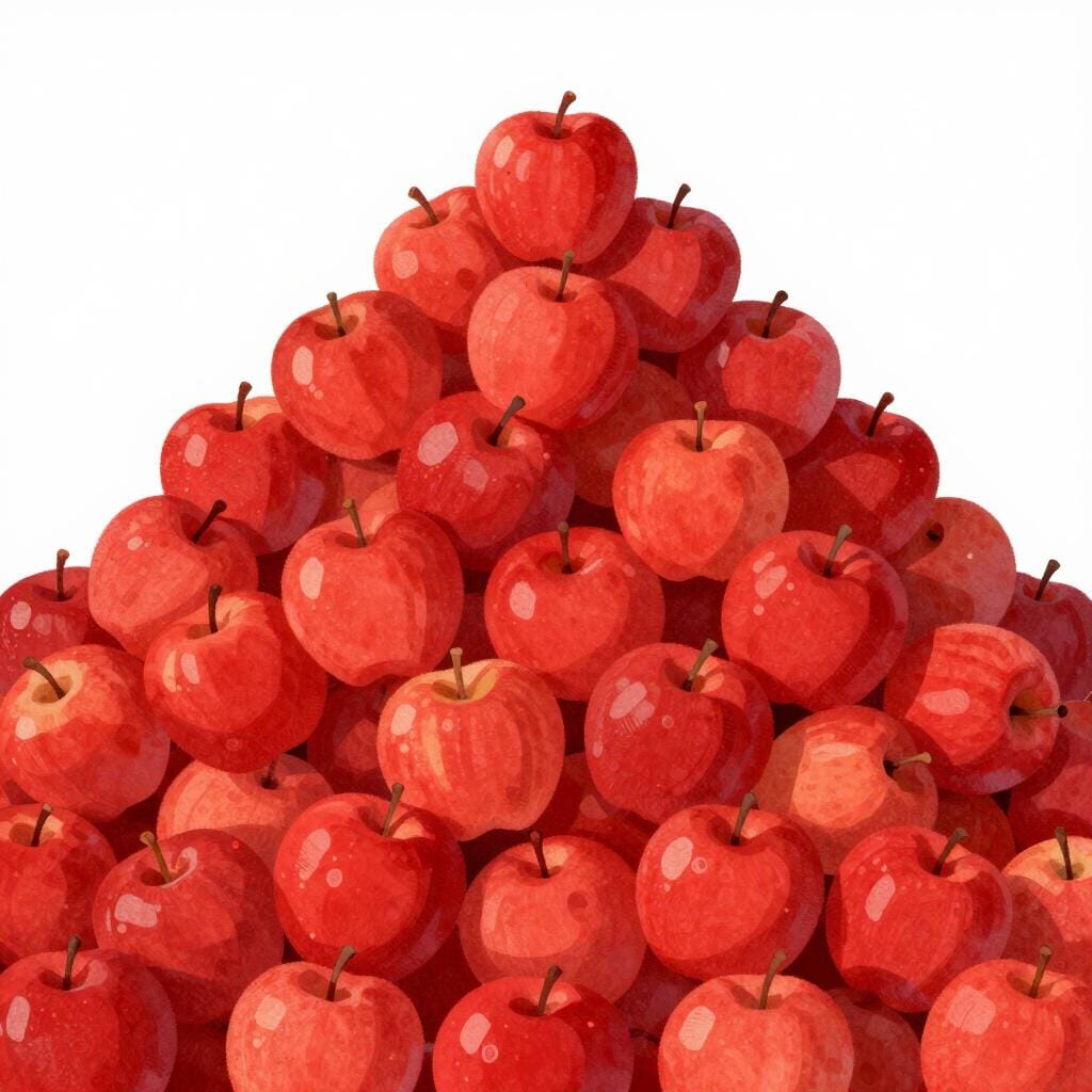 Een enorme stapel glimmende gouden appels die uit een klein houten krat overstromen.