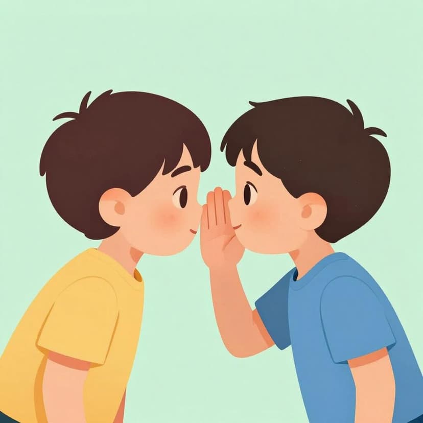 A child leaning in to speak softly into a friend's ear in a friendly manner.